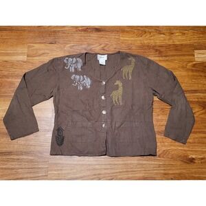 Vintags 90s Country Wear Casuals Linen Blend Safari‎ Animal Brown Button Up...